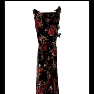 Alexa B Nites Black Chiffon Maxi Red & Gold Flower 8P Sleeveless NWT